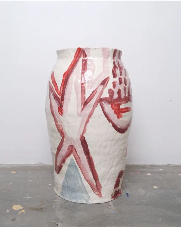 Hand-thrown ceramic vase painted with a red star, titled Fruits of the Spirit
