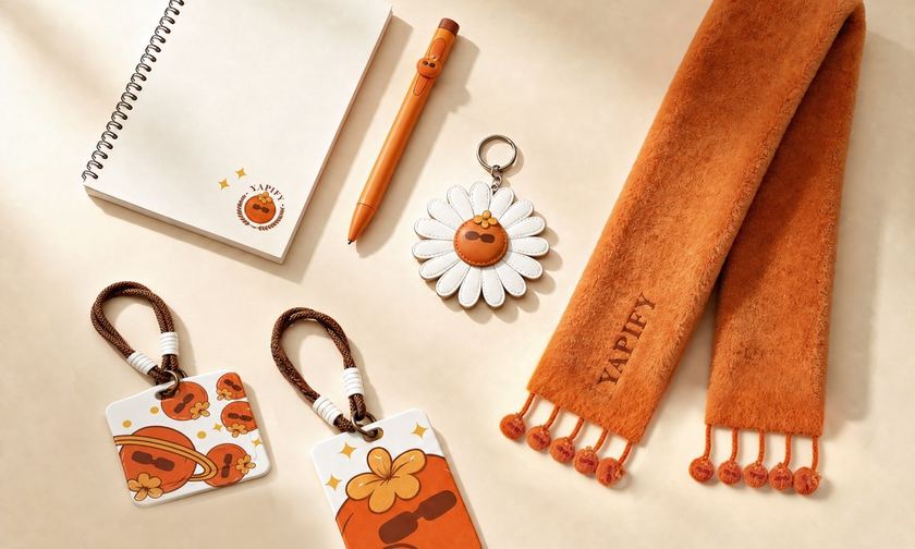 Yapify notebook, pen, keyrings and scarf laid out
