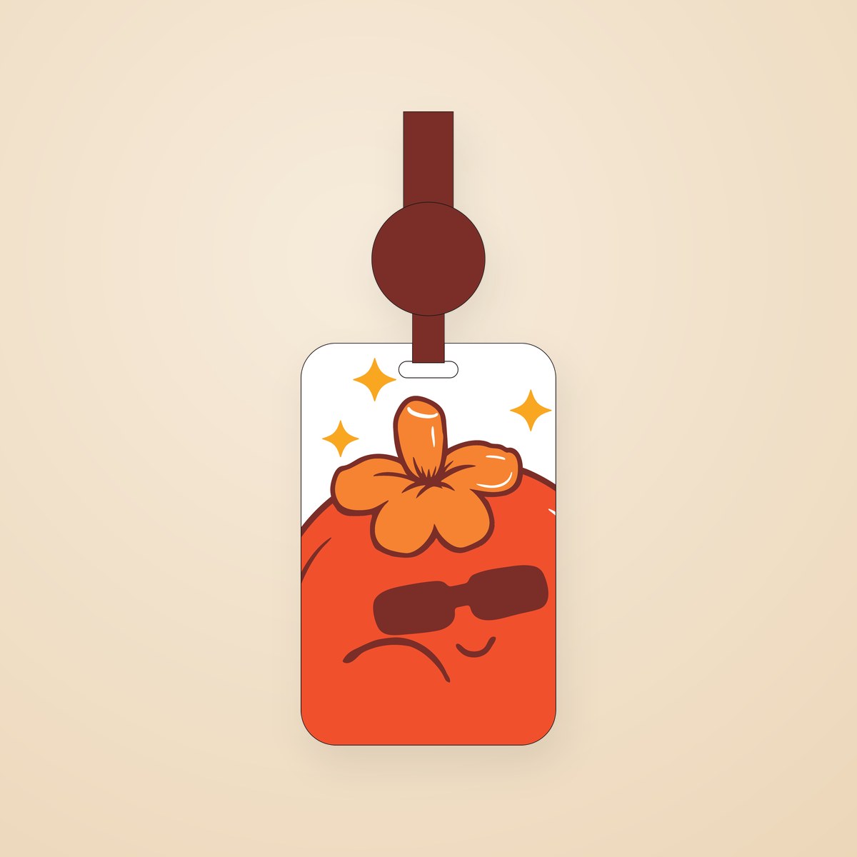 Card protector, design A — a smiling orange tomato with a flower on a white card, brown strap