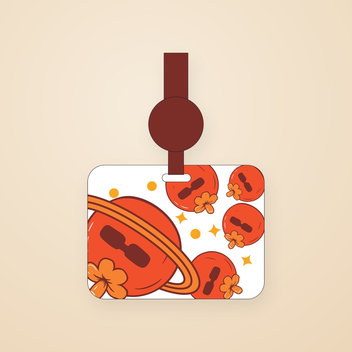 Card protector, design B — planet tomatoes and flowers on a white card, brown strap