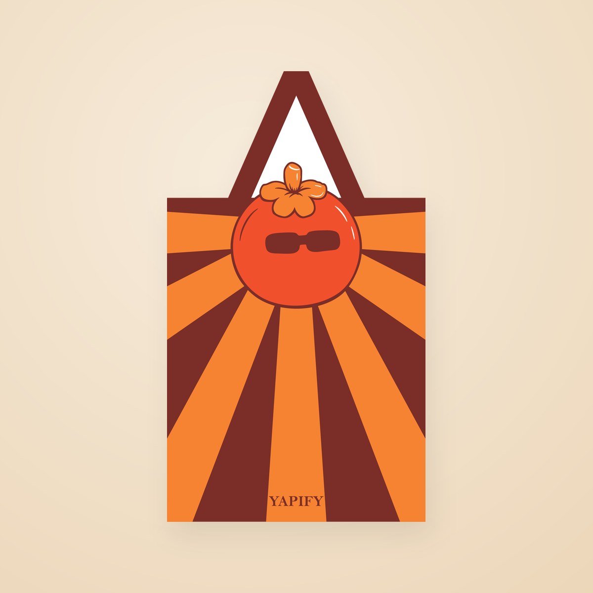 Medium square tote bag — orange and brown sunburst print with the tomato mascot, Yapify on the hem