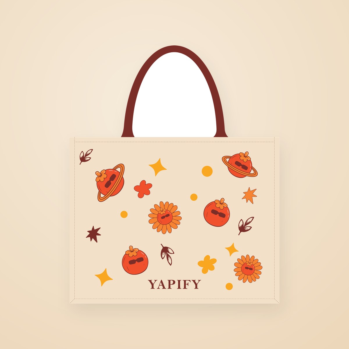 Small square tote bag — cream, with a tomato, planet and flower print and the Yapify name, brown handles